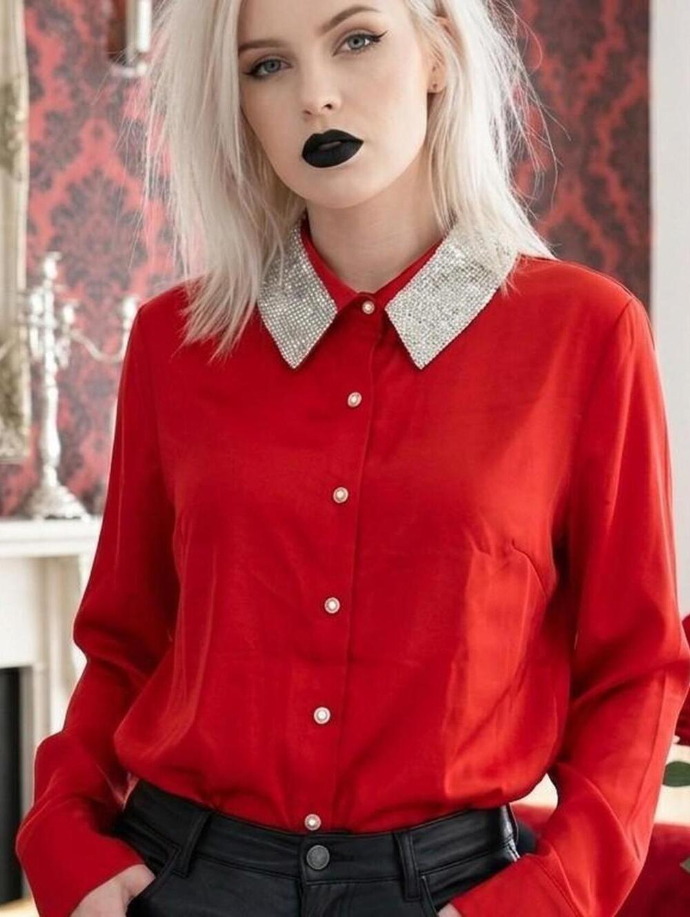 Gothic Coquette Red Satin Button-Up Blouse with Rhinestone Collar